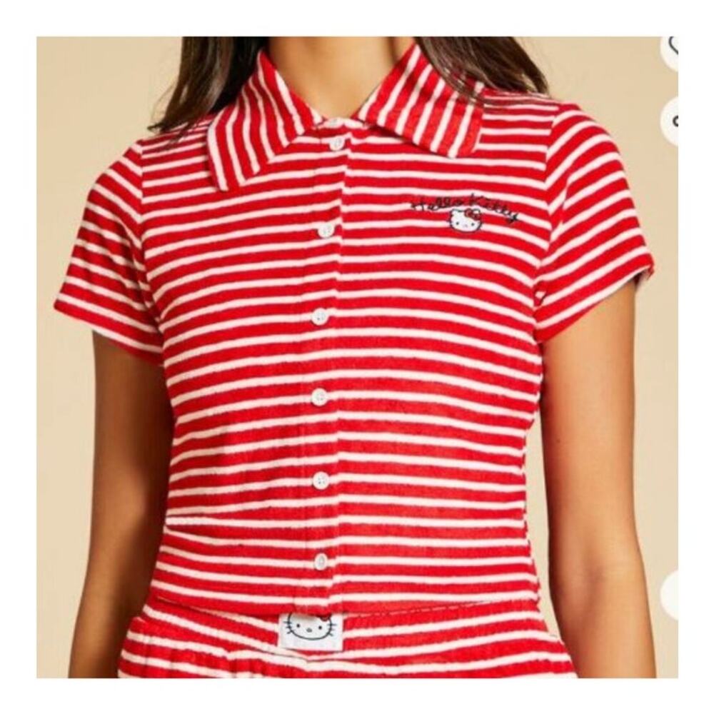 Hello Kitty x Forever 21 Red White Stripe Terry Cloth Blouse size Medium
